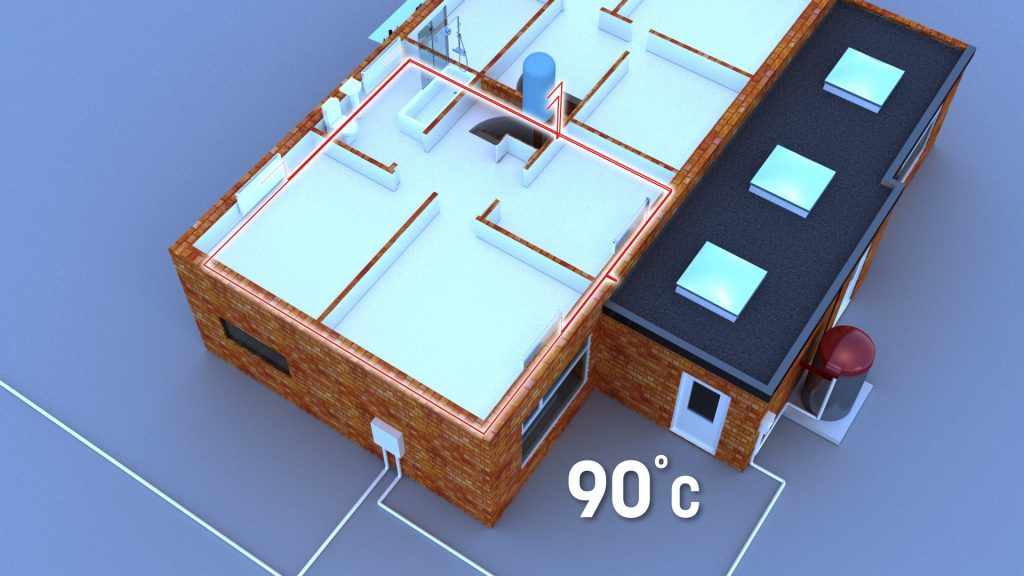 3D animated house cross section, showing the pumped heat system