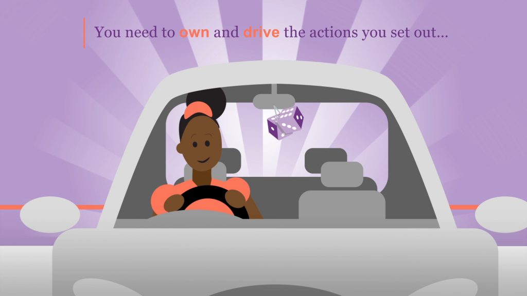 Royal London development planning animation - an employee in a car is driving her actions!
