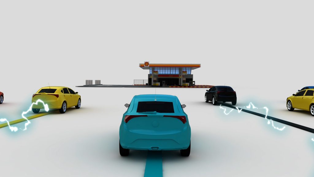Shell SIBYL - 3D animated cars drive towards a Shell station